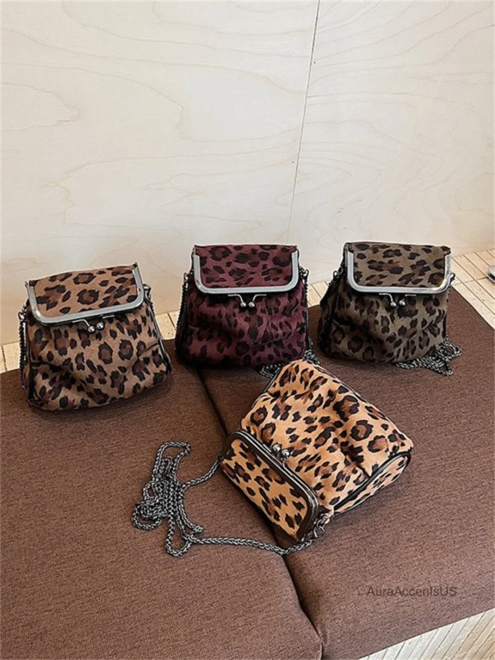 Leopard Print Faux Suede Satchel Crossbody Bag with Kiss Lock and Chain